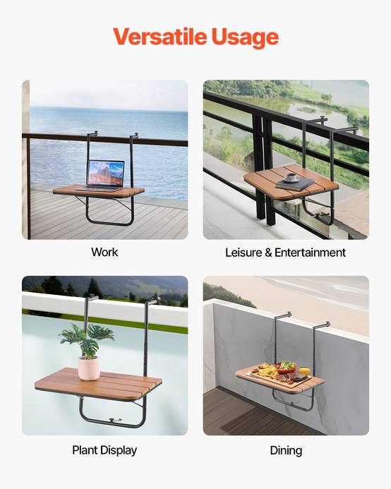 VEVOR Table suspendue balcon 595x620x800 mm, pliante, 4 niveaux. Plateau 595x400 mm, garde-corps. - Image 6