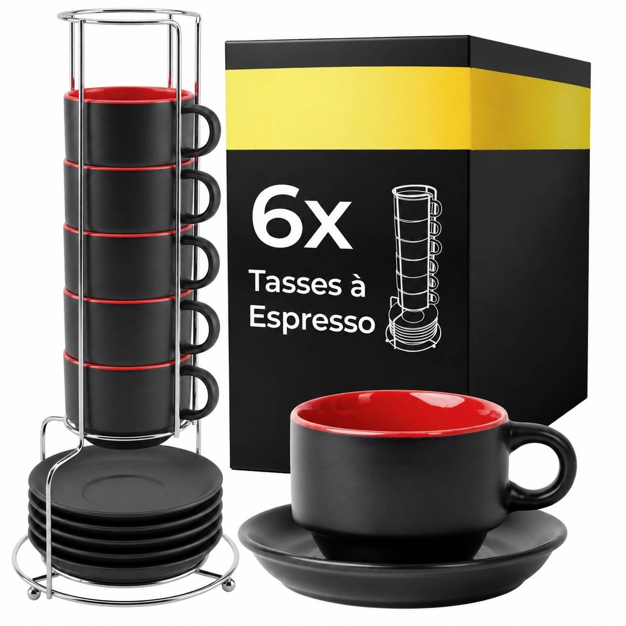 Set de 6 Tasses à Expresso avec Sous-tasses Rouge - Image 1