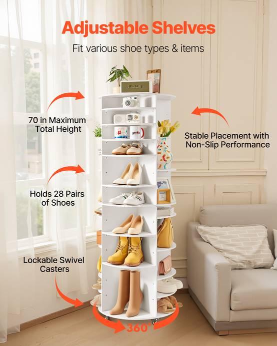 VEVOR Étagère à chaussures rotative à 7 niveaux roulettes et hauteur réglable - Image 4