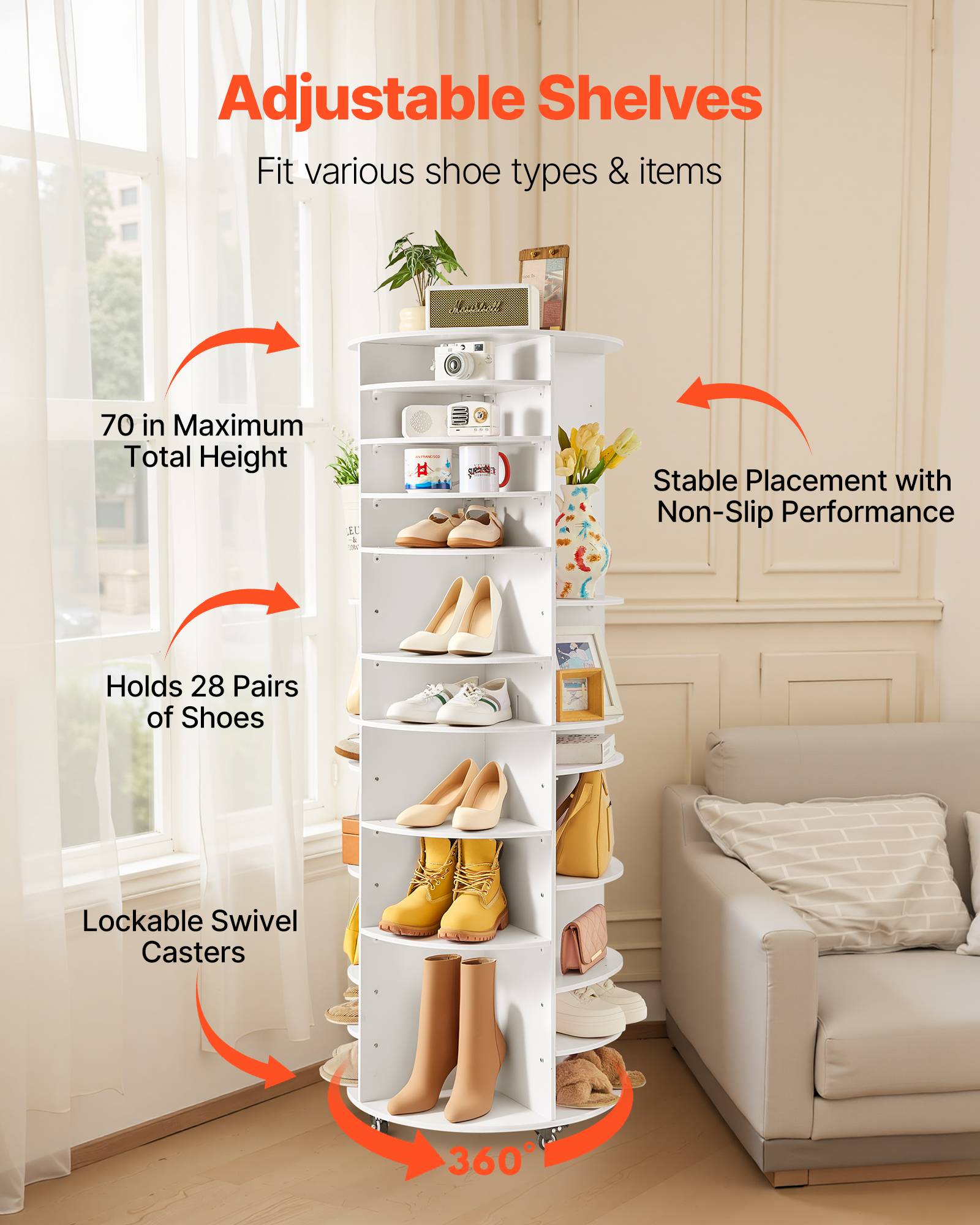 VEVOR Étagère à chaussures rotative à 7 niveaux roulettes et hauteur réglable - Image 4