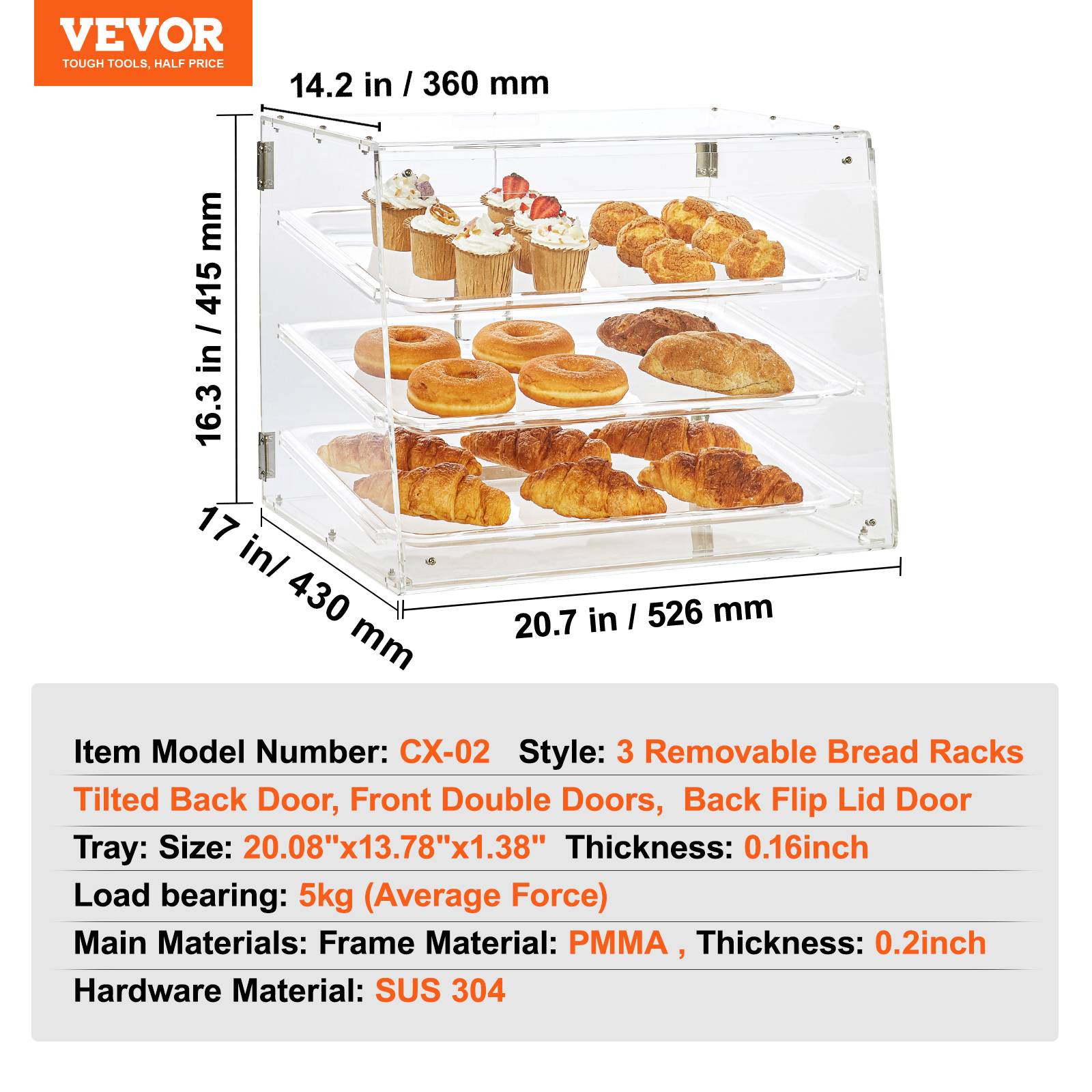 VEVOR Présentoir pâtisserie 3 niveaux acrylique, étagère amovible pour pain, bonbons, restaurant. - Image 7