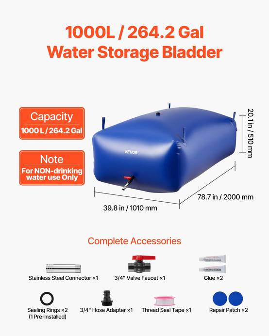 VEVOR Réservoir d'Eau Souple Vessie de Stockage Eau Pliable en PVC 1000 L Bleu - Image 2