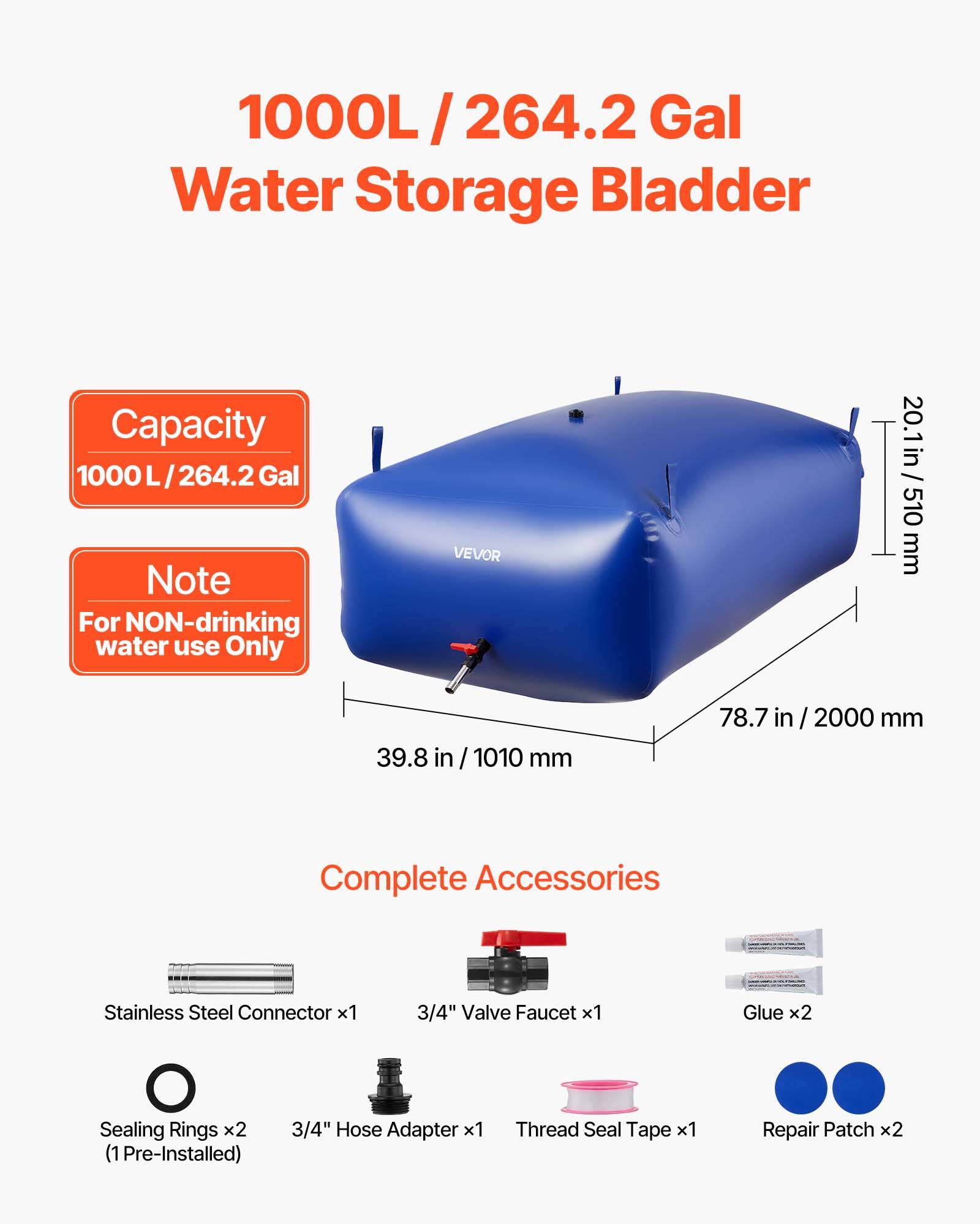 VEVOR Réservoir d'Eau Souple Vessie de Stockage Eau Pliable en PVC 1000 L Bleu - Image 2