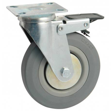 Roulette caoutchouc pivotante Ø50 à platine rectangulaire + frein AVL - Charge 50 kg - 557950H