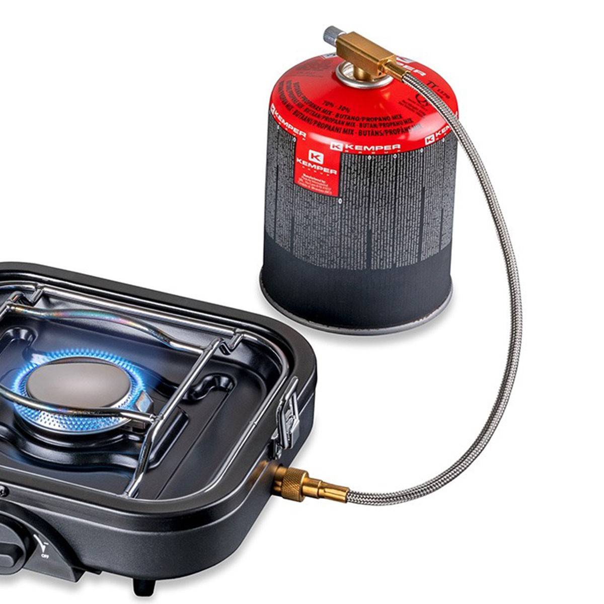 Réchaud à gaz pliable 2 feux 4600 W – Réchaud camping portable Allumage piezo, double brûleur inox, cartouche valve 7/16" KEMPER - Imagen 9