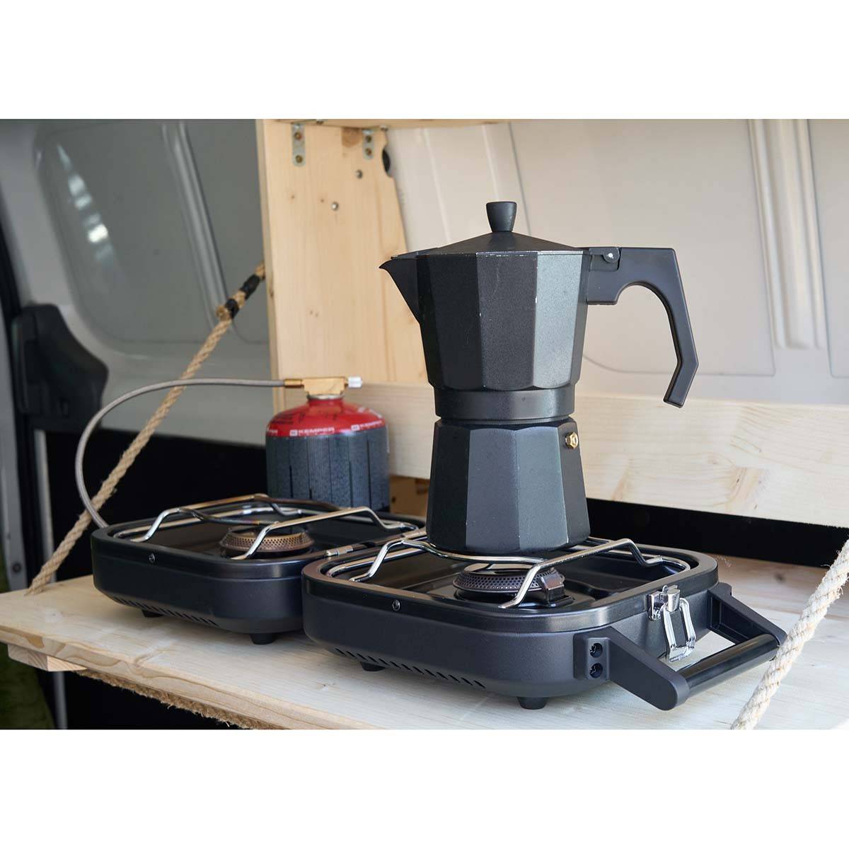 Réchaud à gaz pliable 2 feux 4600 W – Réchaud camping portable Allumage piezo, double brûleur inox, cartouche valve 7/16" KEMPER - Imagen 6