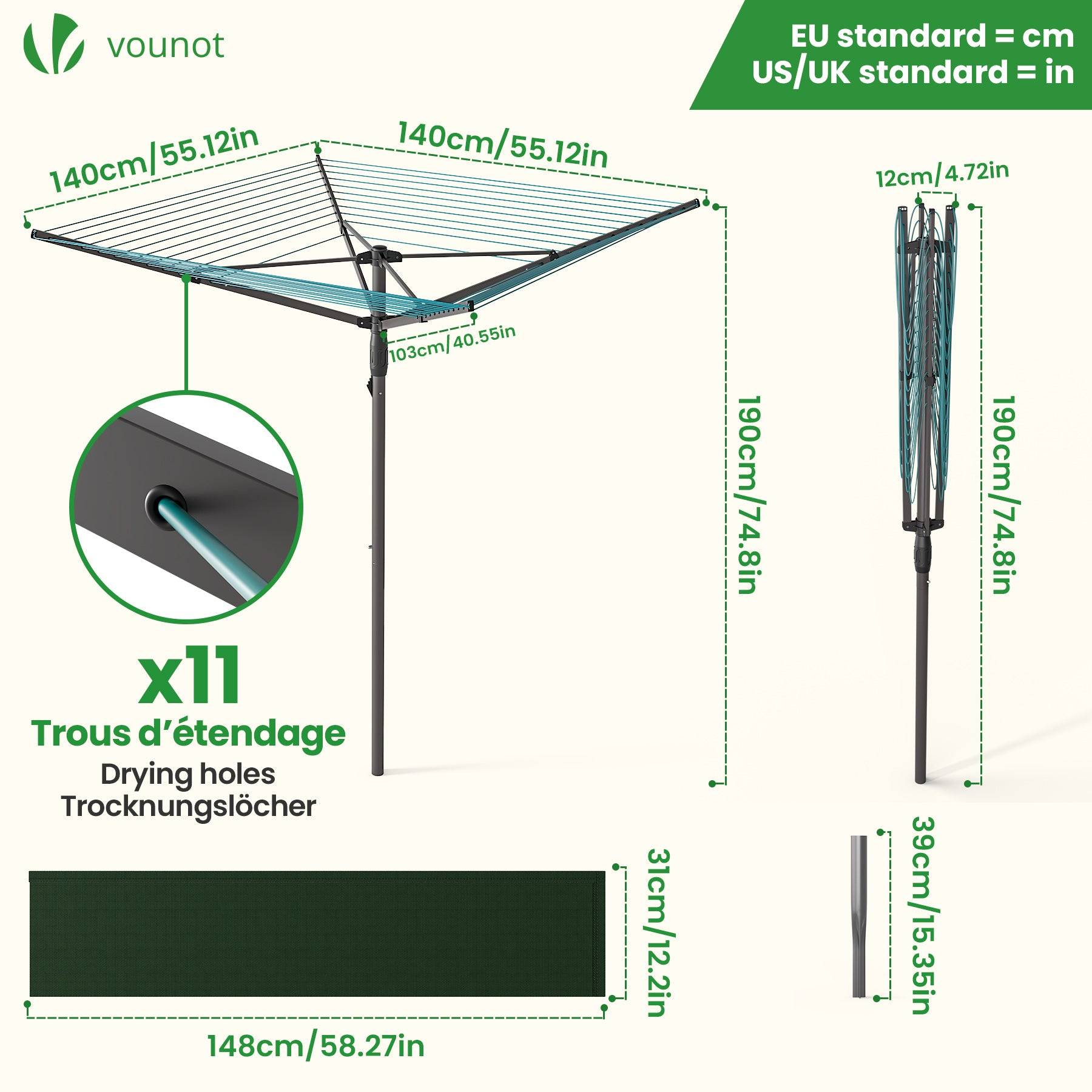 Étendoir à linge extérieur rotatif 45m avec housse de protection - Séchoir parapluie grande surface d'étendage - Gris - VOUNOT® - Image 3