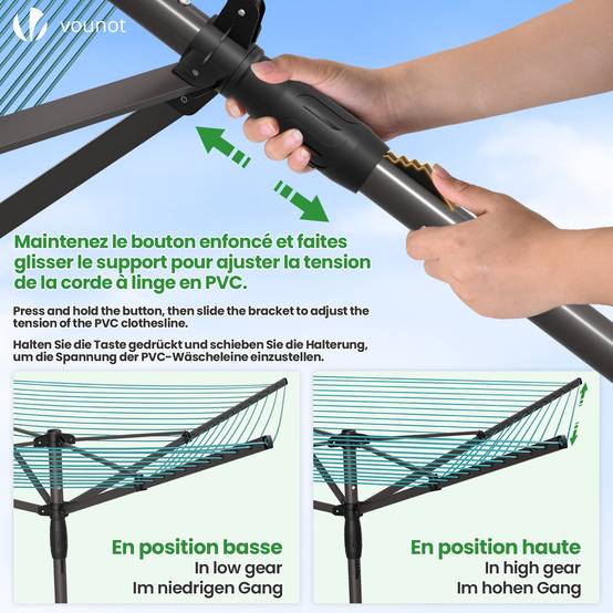 Étendoir à linge extérieur rotatif 45m avec housse de protection - Séchoir parapluie grande surface d'étendage - Gris - VOUNOT® - Image 6
