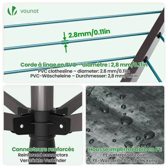 Étendoir à linge extérieur rotatif 45m avec housse de protection - Séchoir parapluie grande surface d'étendage - Gris - VOUNOT® - Image 7