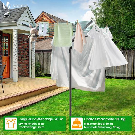 Étendoir à linge extérieur rotatif 45m avec housse de protection - Séchoir parapluie grande surface d'étendage - Gris - VOUNOT® - Image 2