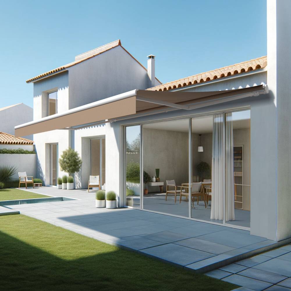 Store banne monobloc ESPAI 6,00x3,00m (Manuelle - Taupe - Blanc) - Alia Productions - Imagen 1