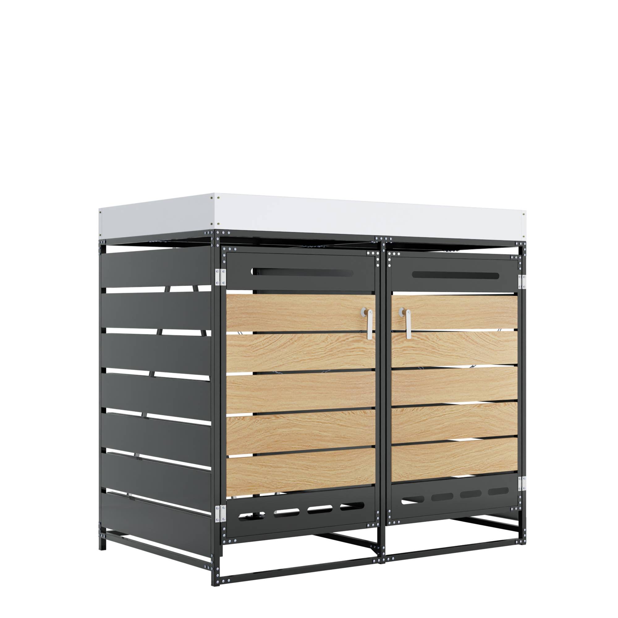 Cache-poubelle double métal jardin avec jardinière intégrée 131x79x120cm noir - ComfortXL Outdoor Living - Image 2