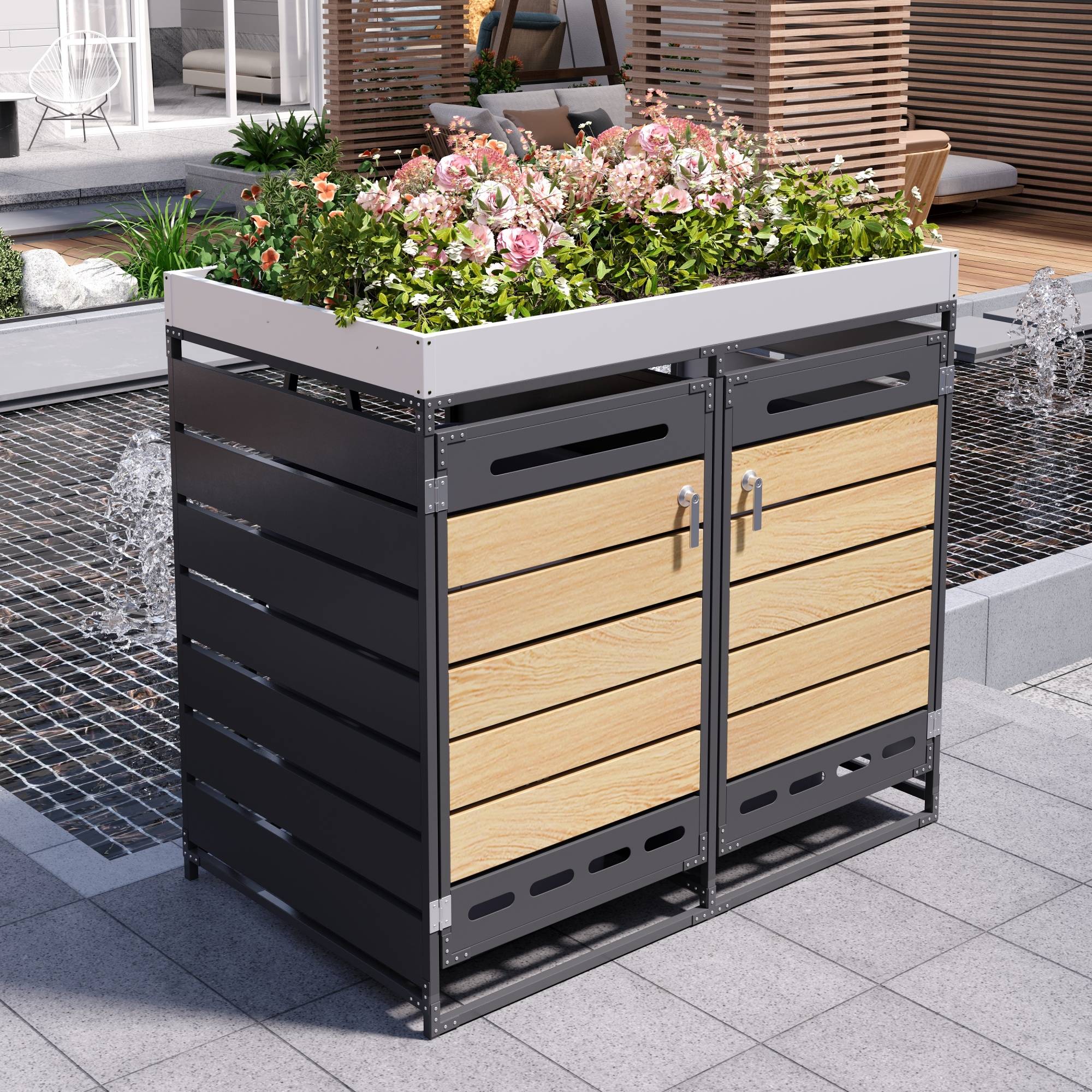 Cache-poubelle double métal jardin avec jardinière intégrée 131x79x120cm noir - ComfortXL Outdoor Living - Image 1