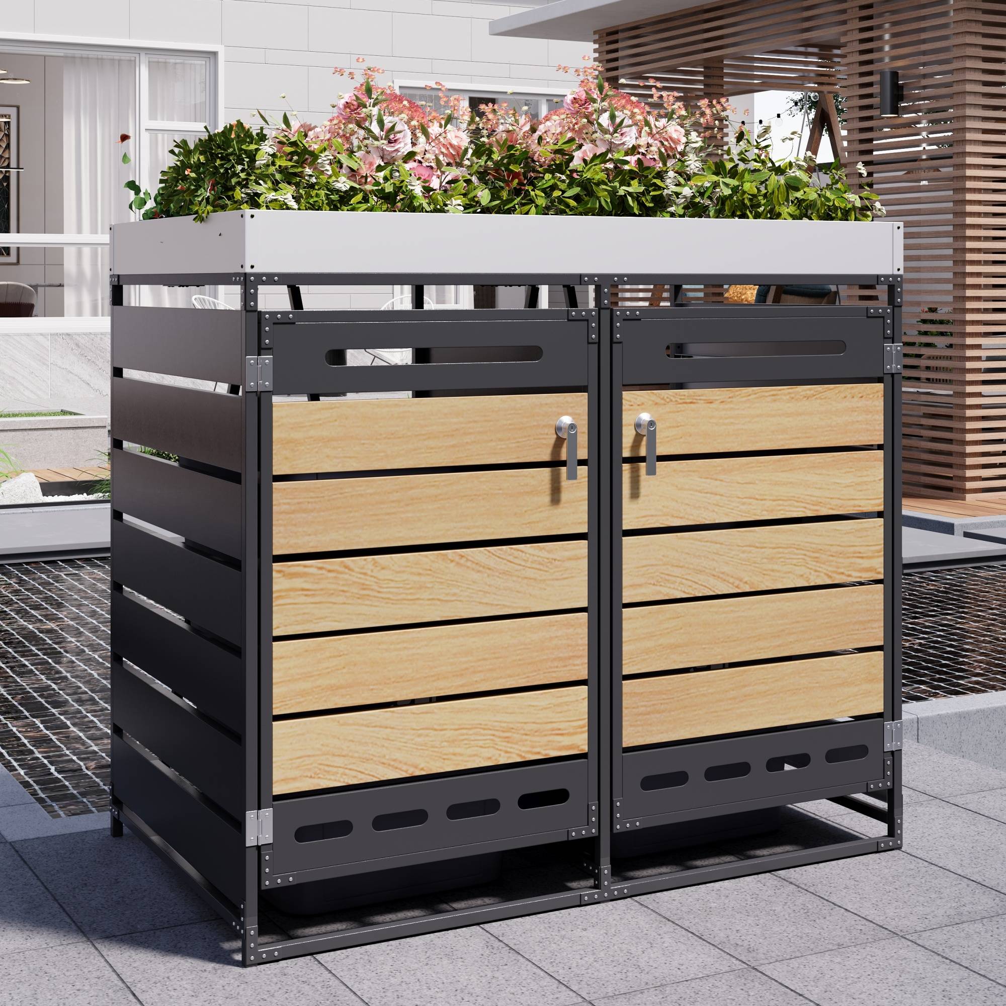 Cache-poubelle double métal jardin avec jardinière intégrée 131x79x120cm noir - ComfortXL Outdoor Living - Image 10