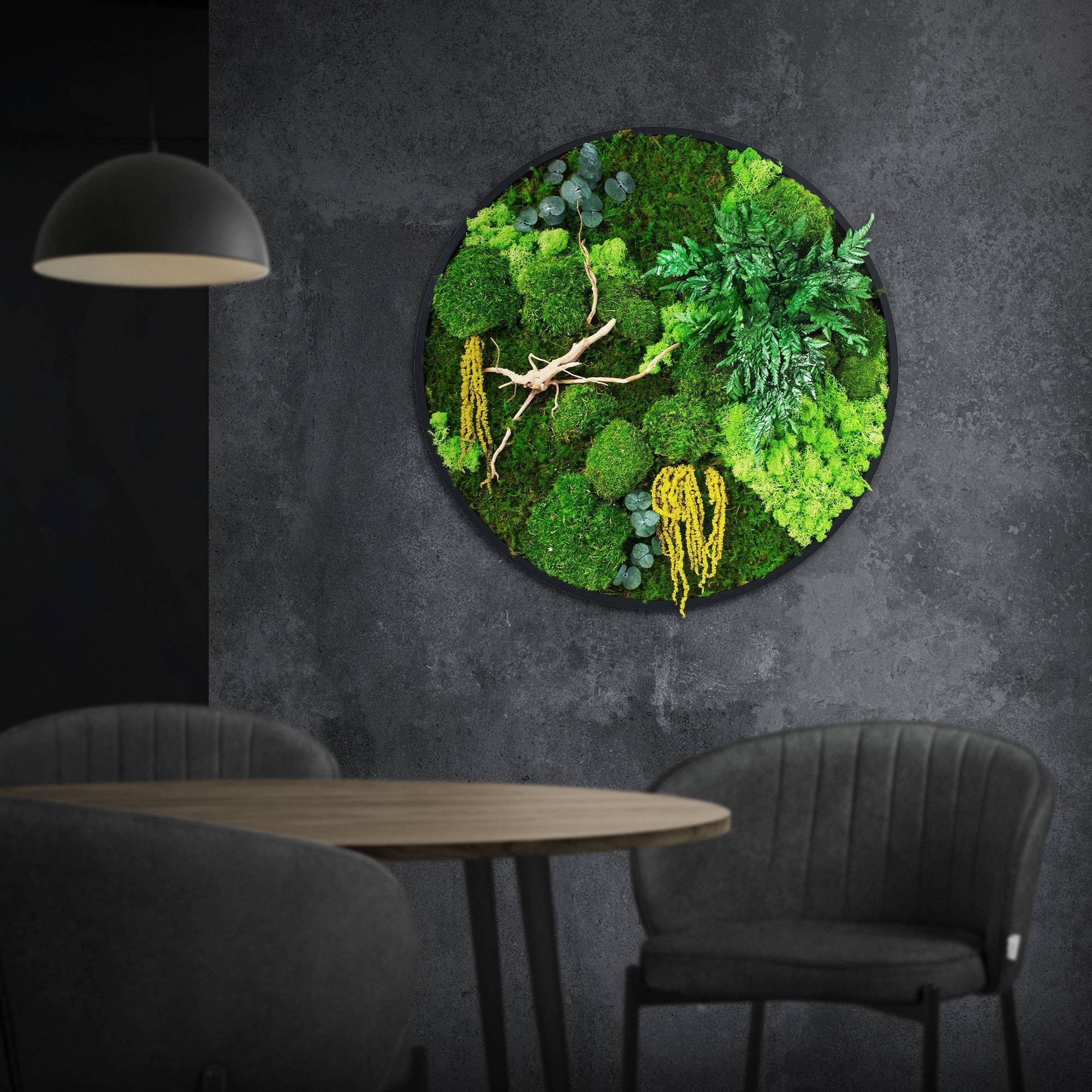 Ecd-Germany - Tableau végétal mural stabilisé, Ø 60 cm, mélange de mousses avec eucalyptus, fougères et bois naturel, effet 3D, décoration d'intérieur, style jungle - Image 1