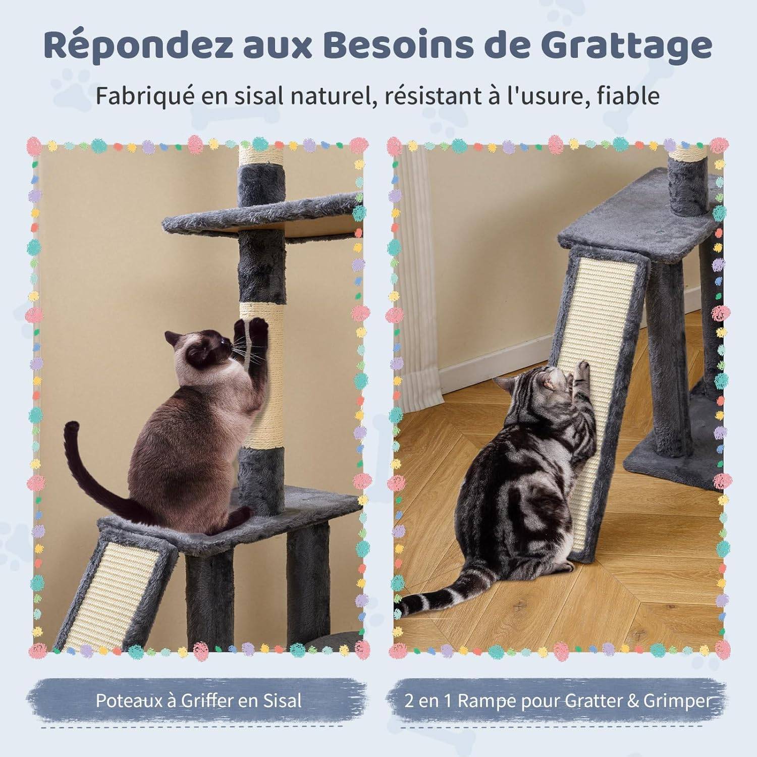 Arbre à Chat XXL Rotatif 136 cm, Condo, Planche et Poteaux à Griffer en Sisal, 7 Plateformes, Arbre a Chat Maine Coon, Pompons, Corde Suspendue, Tissu - Image 3