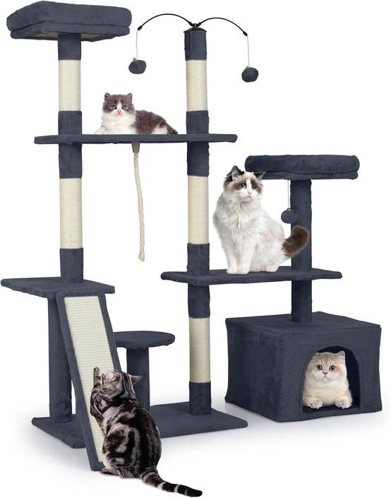 Arbre à Chat XXL Rotatif 136 cm, Condo, Planche et Poteaux à Griffer en Sisal, 7 Plateformes, Arbre a Chat Maine Coon, Pompons, Corde Suspendue, Tissu - Image 1
