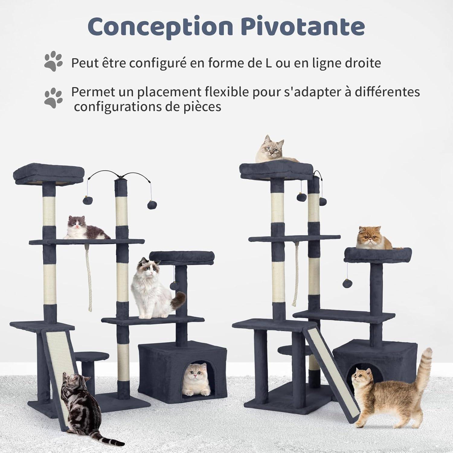 Arbre à Chat XXL Rotatif 136 cm, Condo, Planche et Poteaux à Griffer en Sisal, 7 Plateformes, Arbre a Chat Maine Coon, Pompons, Corde Suspendue, Tissu - Image 2