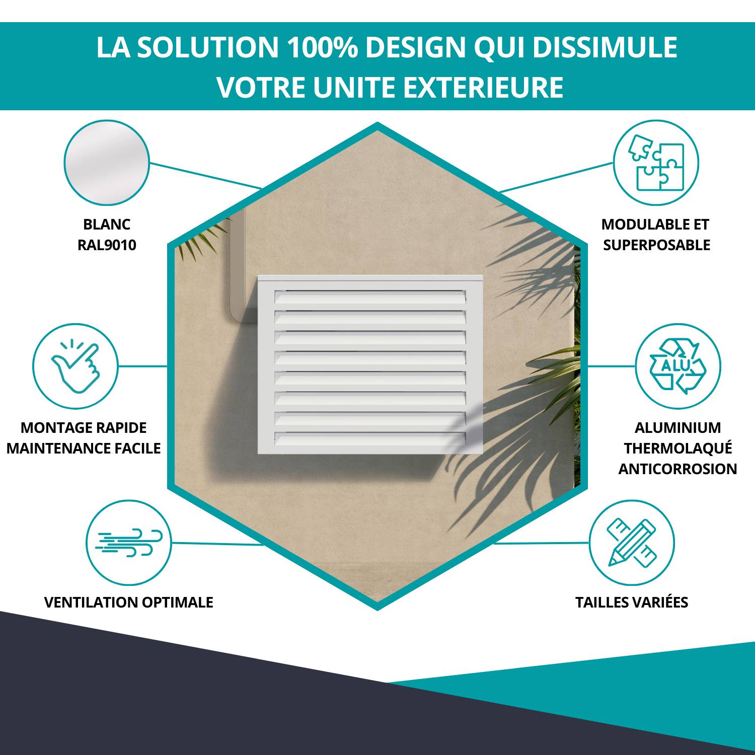 Cache climatiseur, ATOLE aluminium thermolaqué, blanc, L.110 x H.113 x P.64 cm - Image 2