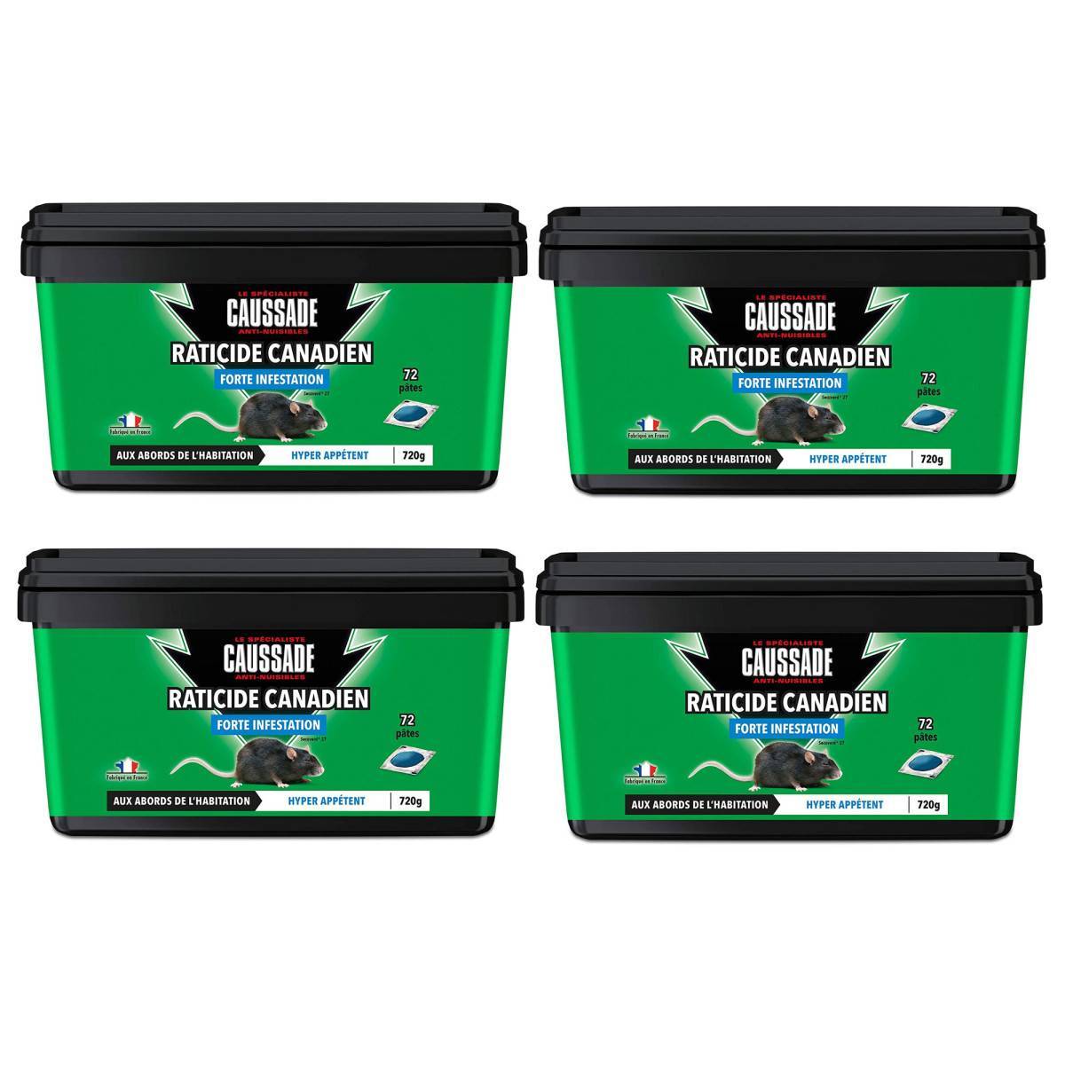Caussade - Pack de 4 seaux  de Raticide Canadien Pat'Appât Forte infestation boite de 720 grs ( 72 x 10grs ) - Imagen 1