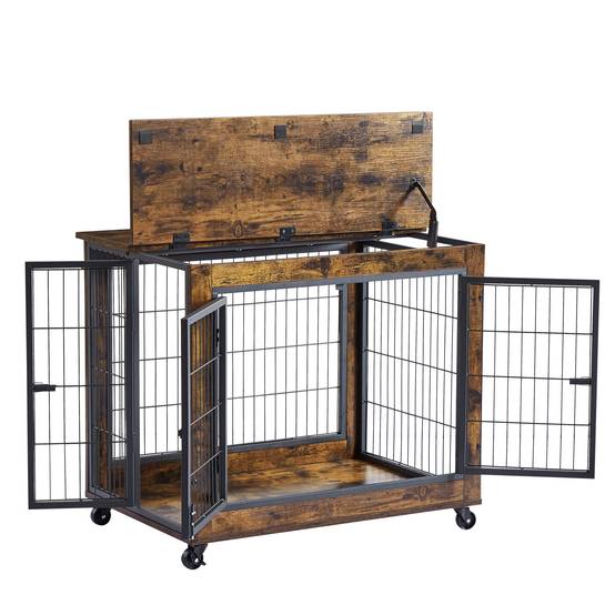 Cage meuble chien bois métal intérieur toit ouvrant roulettes 80x56x69.5cm marron - ComfortXL Outdoor Living - Image 2