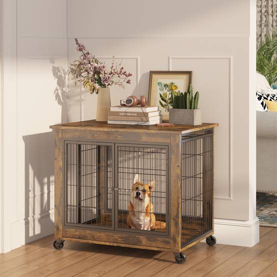 Cage meuble chien bois métal intérieur toit ouvrant roulettes 80x56x69.5cm marron - ComfortXL Outdoor Living - Image 1
