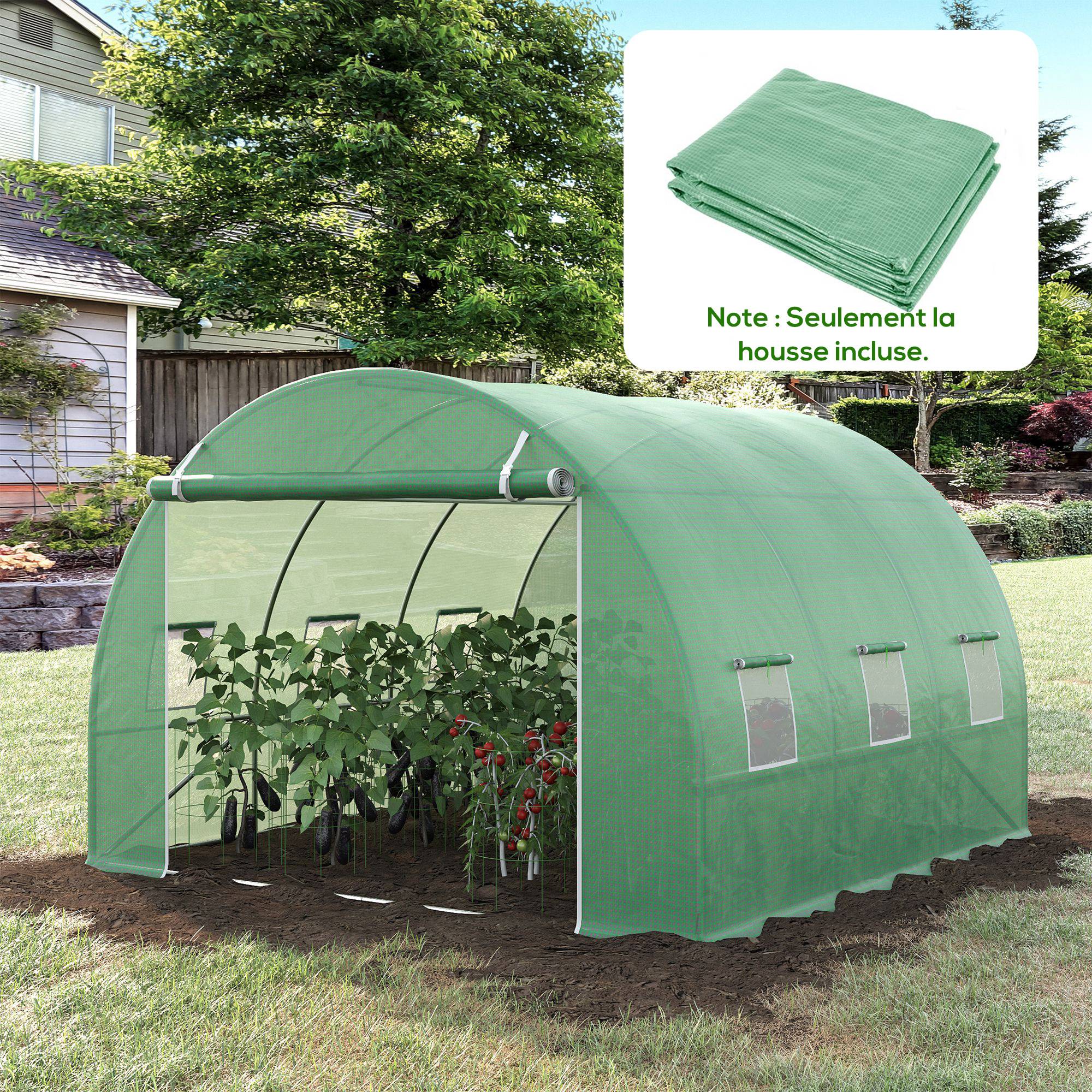 Bâche de Rechange Serre Tunnel 9 m², bâche 3 x 3 x 2 m PE Anti-UV imperméable 6 fenêtres + Porte Enroulable zippée Vert foncé - Image 4