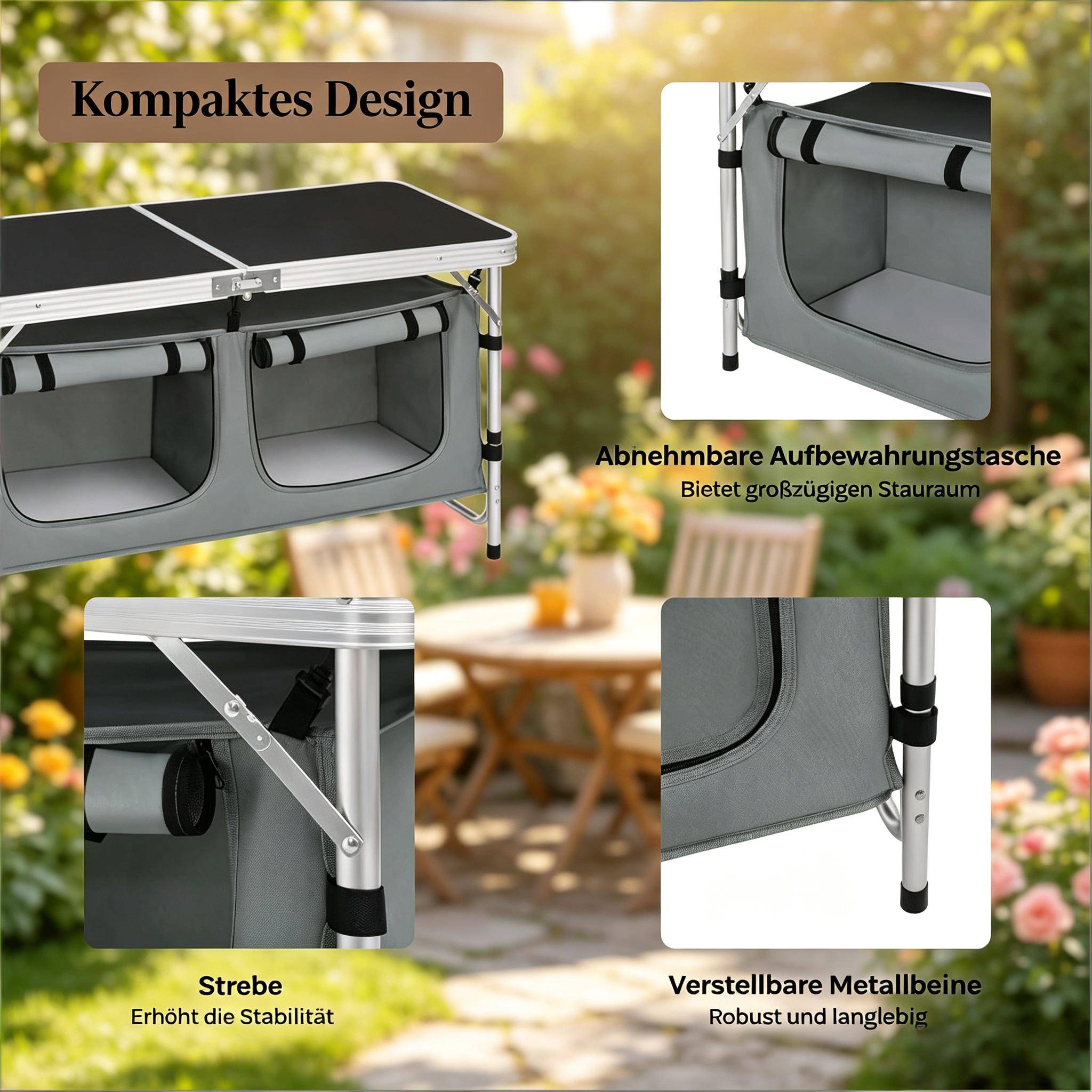 Table jardin pliable avec sac de rangement, pieds modulables pour pique-nique - Image 5