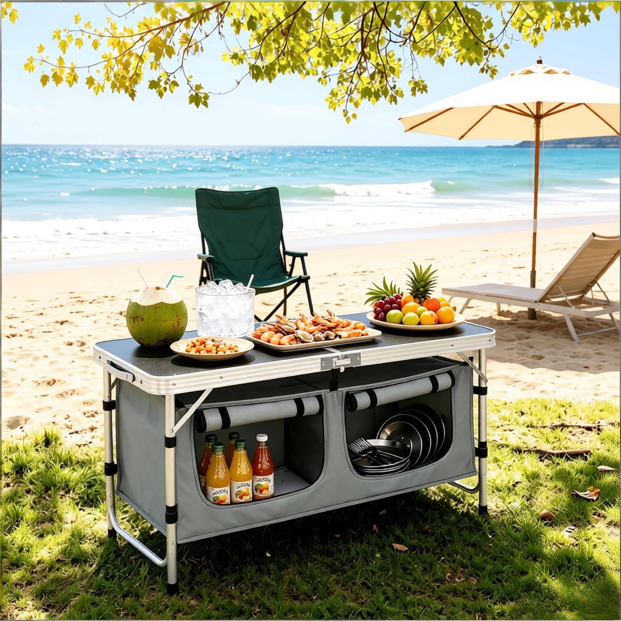 Table jardin pliable avec sac de rangement, pieds modulables pour pique-nique - Image 1