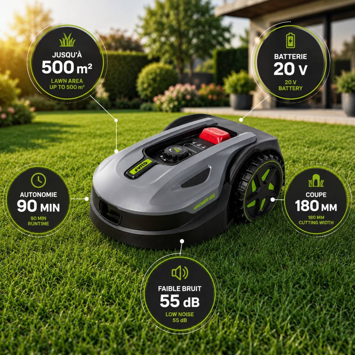 Robot Tondeuse sans fil 500m2 Brushless 3 Lames Coupe 180mm Retour station automatique Mulching VITO - Image 2