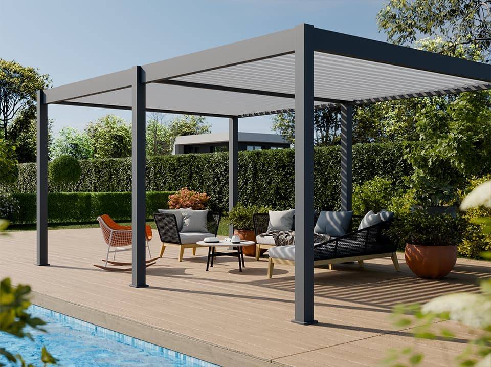 Pergola Bioclimatique Aluminium Autoportée 19m² - 3,6x5,3 - Store Latéral Inclus - Anthracite - 34 lames en Aluminium a 120 degrés - Imagen 2