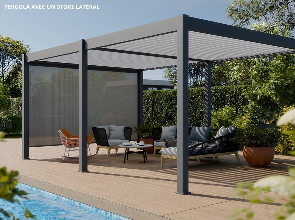 Pergola Bioclimatique Aluminium Autoportée 19m² - 3,6x5,3 - Store Latéral Inclus - Anthracite - 34 lames en Aluminium a 120 degrés - Imagen 1