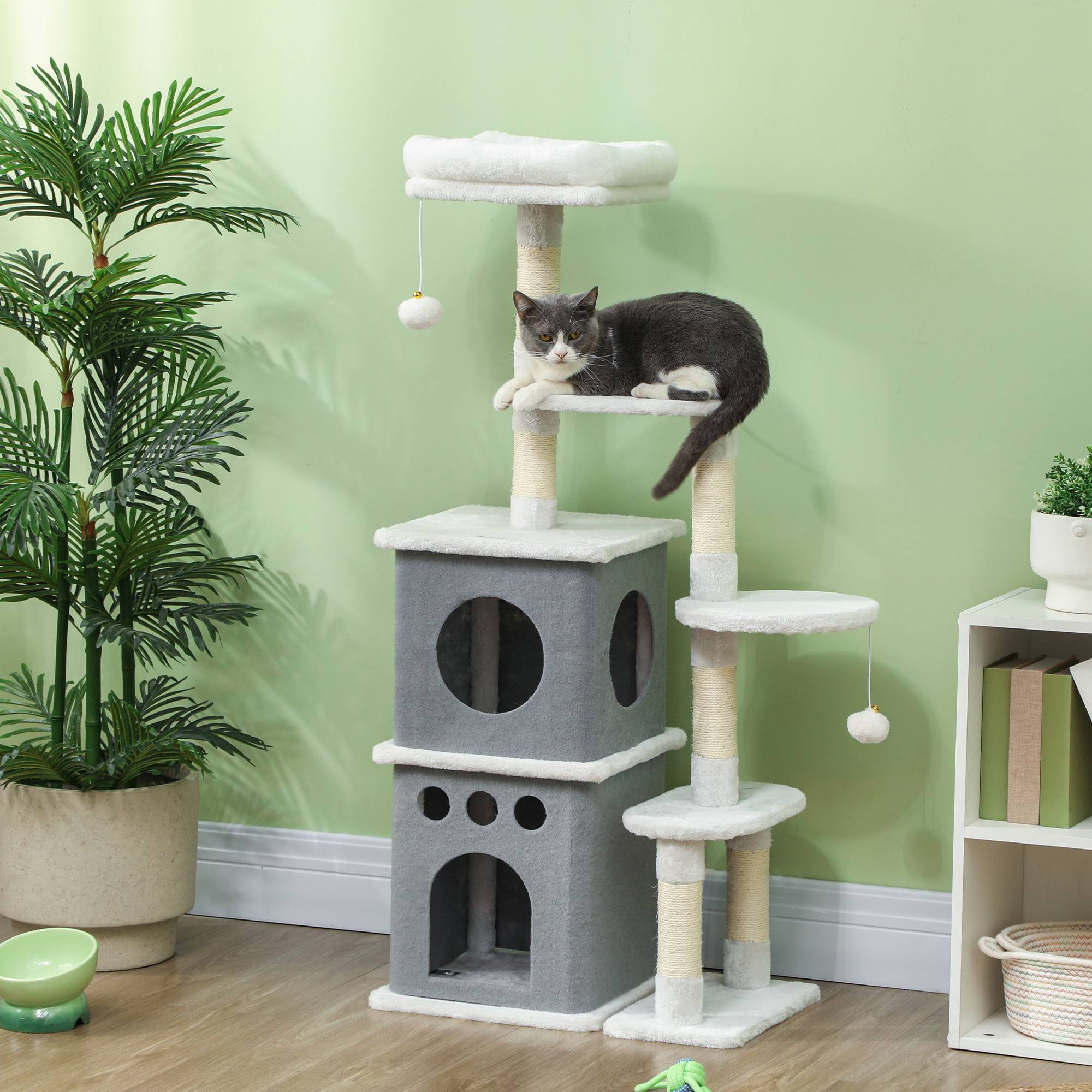 Arbre à chat 126 cm avec nids, plateformes, balles suspendues et poteaux en sisal couleur crème - Image 3