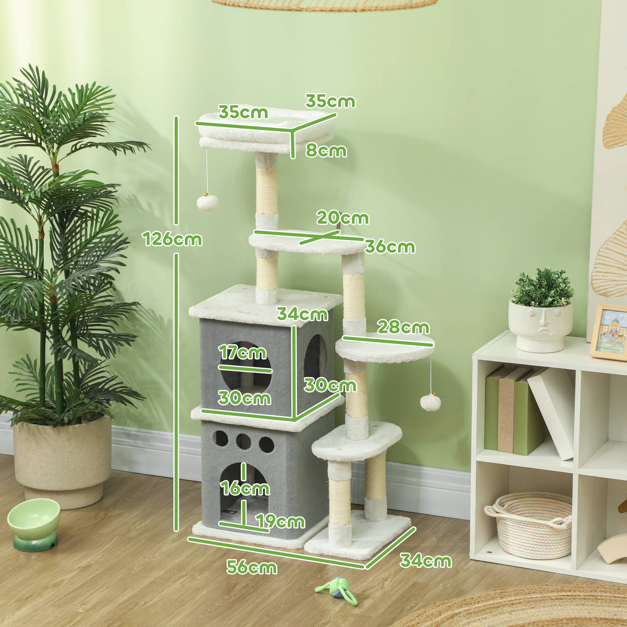 Arbre à chat 126 cm avec nids, plateformes, balles suspendues et poteaux en sisal couleur crème - Image 5