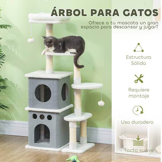 Arbre à chat 126 cm avec nids, plateformes, balles suspendues et poteaux en sisal couleur crème - Image 6