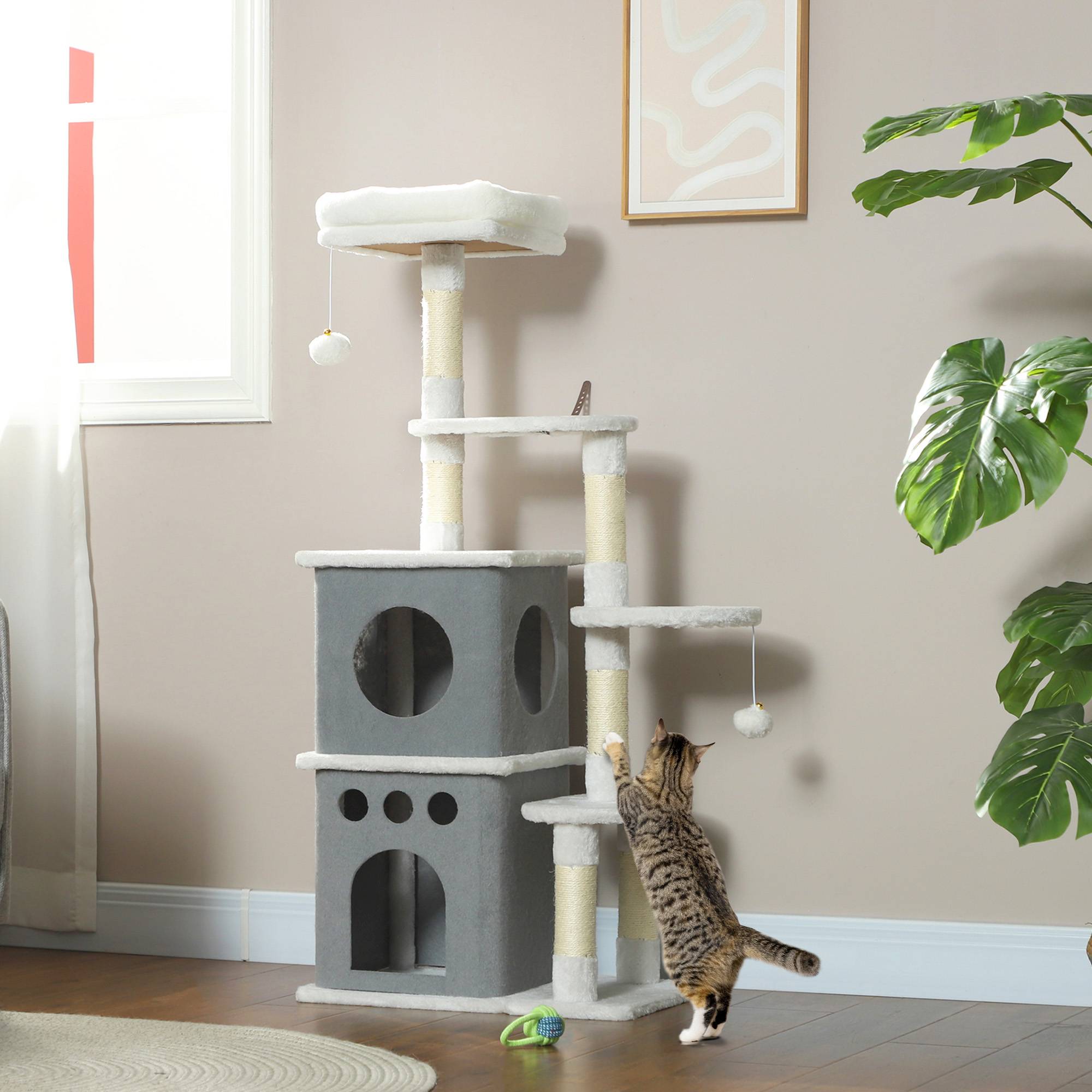 Arbre à chat 126 cm avec nids, plateformes, balles suspendues et poteaux en sisal couleur crème - Image 4
