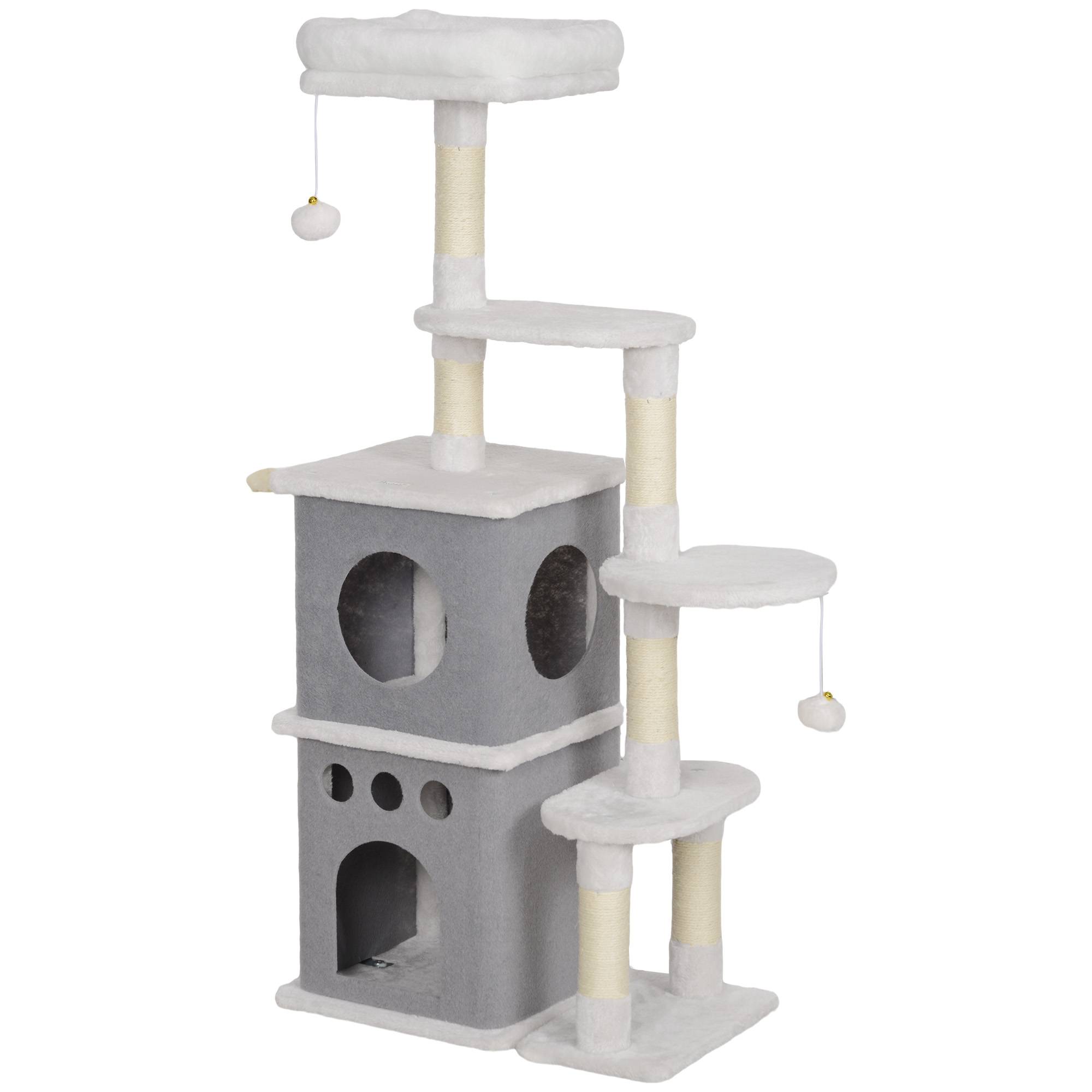 Arbre à chat 126 cm avec nids, plateformes, balles suspendues et poteaux en sisal couleur crème - Image 2