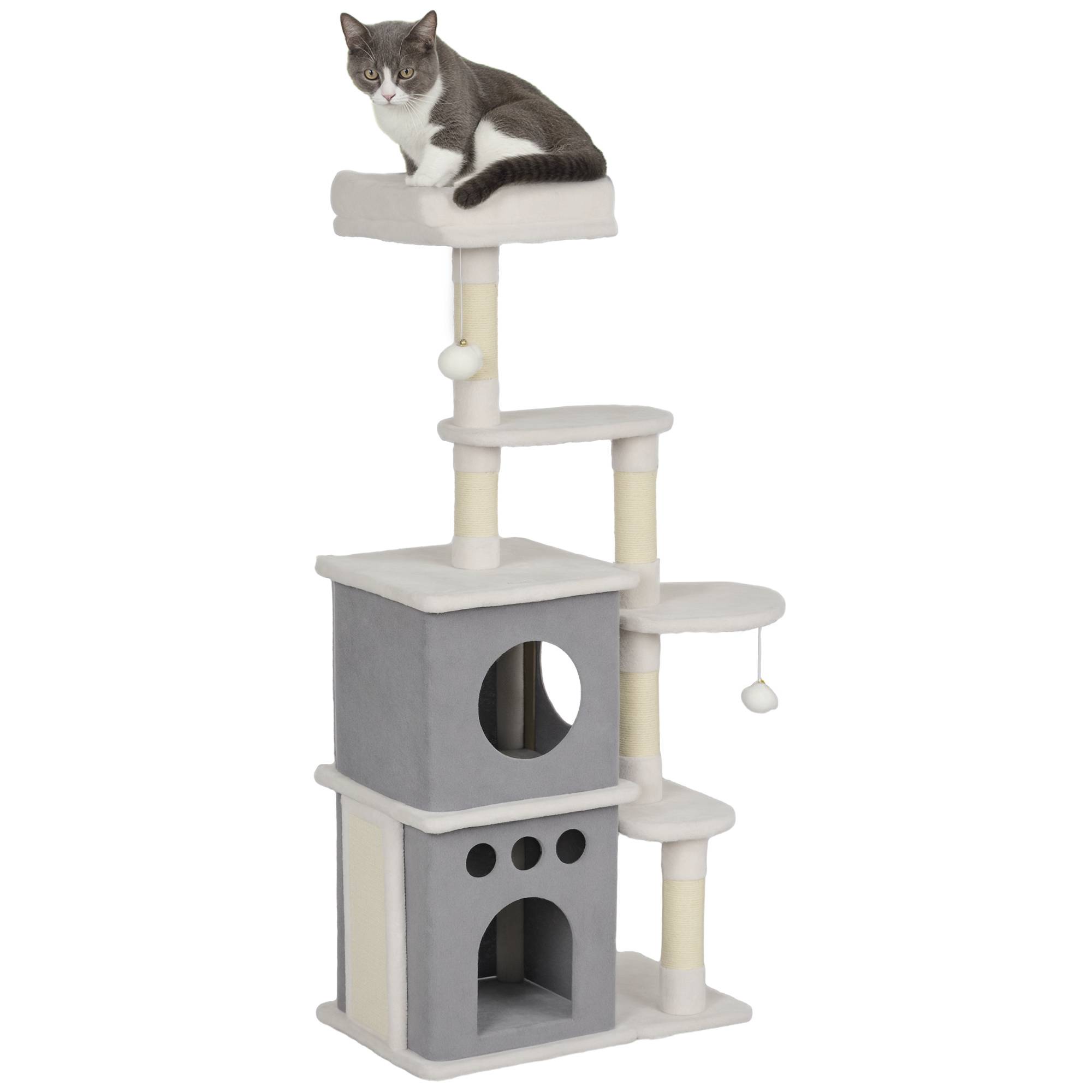 Arbre à chat 126 cm avec nids, plateformes, balles suspendues et poteaux en sisal couleur crème - Image 1