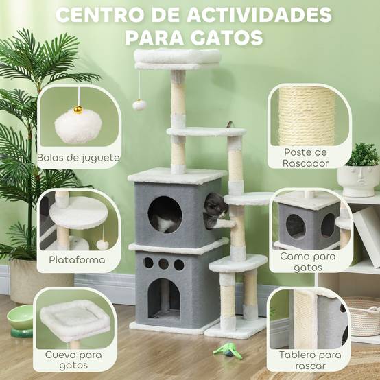 Arbre à chat 126 cm avec nids, plateformes, balles suspendues et poteaux en sisal couleur crème - Image 7
