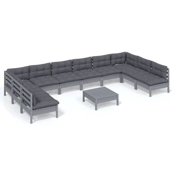 Vidaxl - Salon de jardin 11 pcs avec coussins Gris Bois de pin solide vidaXL 3097195 - Image 2