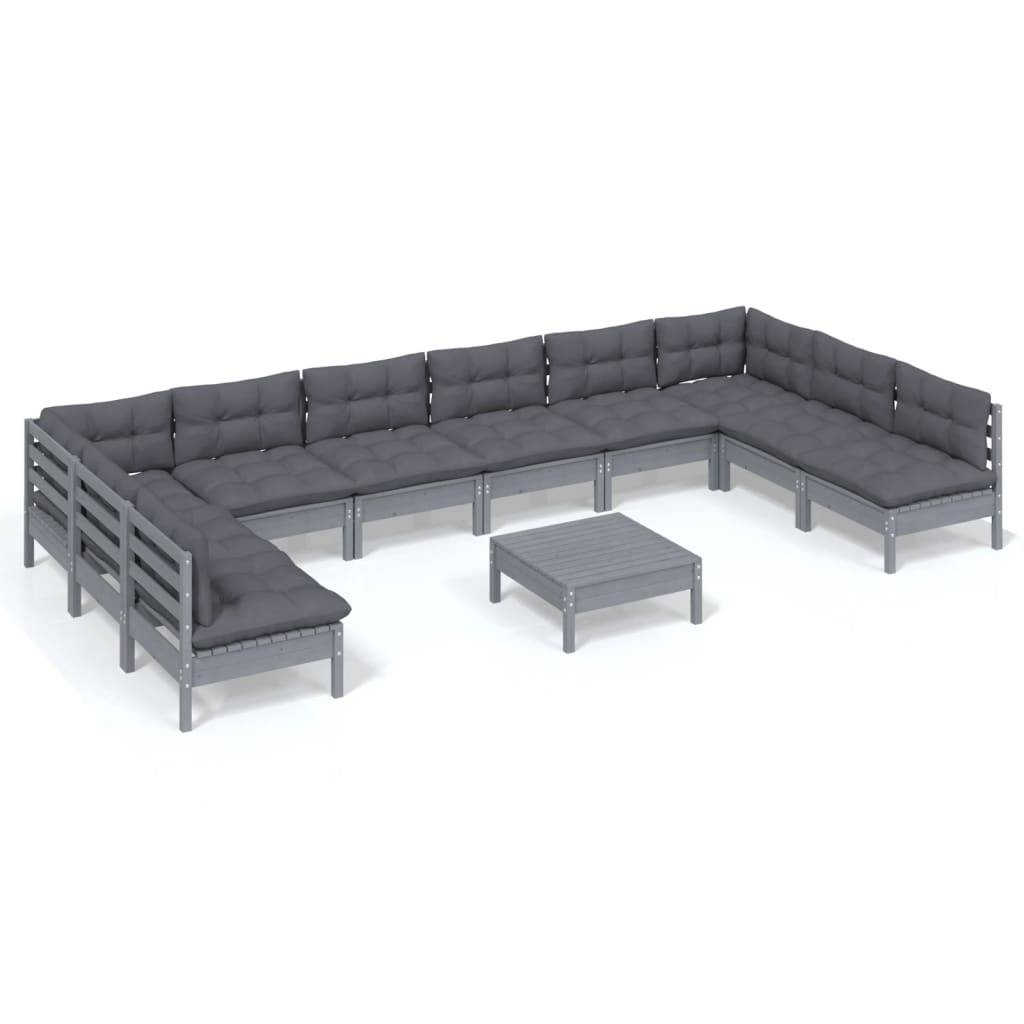 Vidaxl - Salon de jardin 11 pcs avec coussins Gris Bois de pin solide vidaXL 3097195 - Image 2