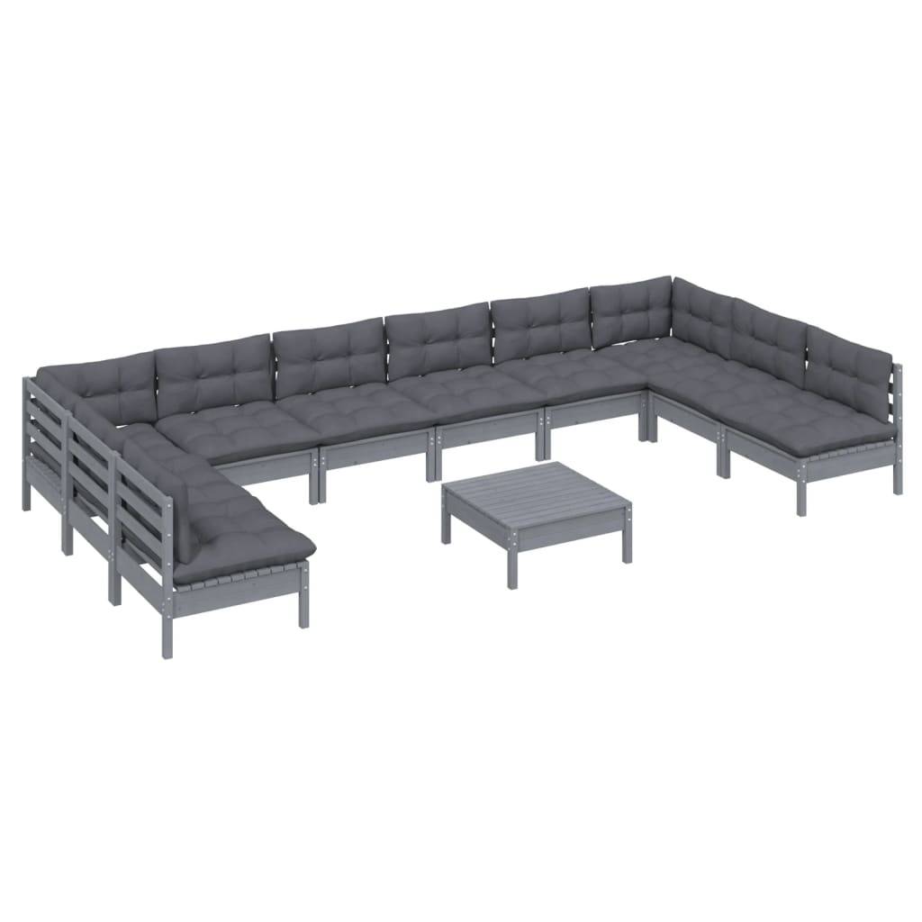 Vidaxl - Salon de jardin 11 pcs avec coussins Gris Bois de pin solide vidaXL 3097195 - Image 4