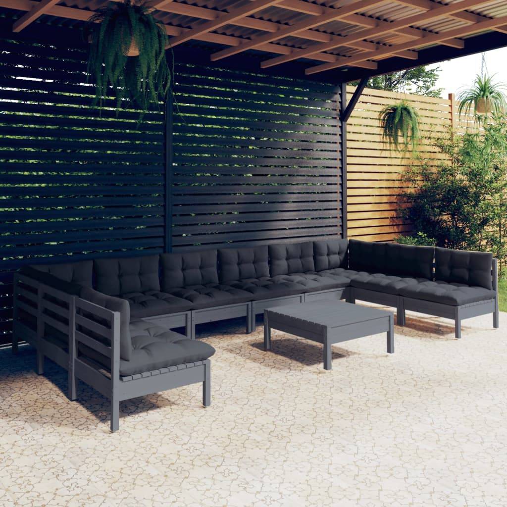 Vidaxl - Salon de jardin 11 pcs avec coussins Gris Bois de pin solide vidaXL 3097195 - Image 1