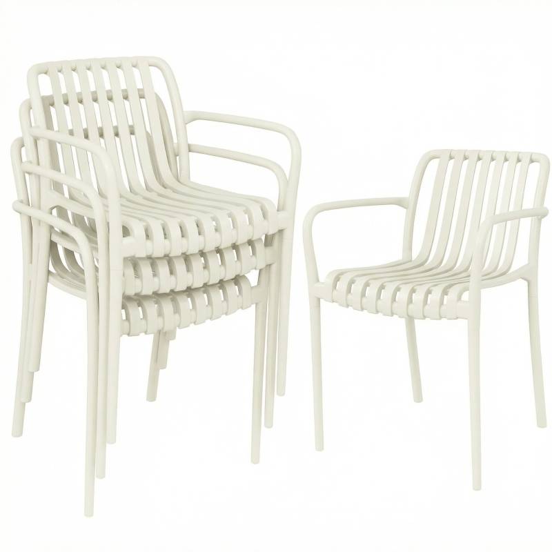 Lot de 4 chaises de jardin plastique terrasse empilables accoudoirs blanc crème - ComfortXL Outdoor Living - Image 2