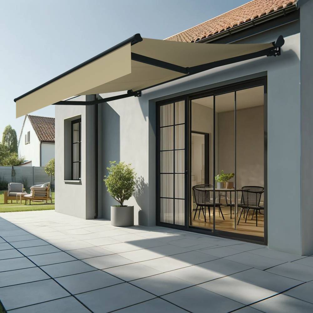 Store banne semi-coffre SARARI 3,00x2,00m (Motorisé à télécommande + manœuvre de secours - Ecru - Gris anthracite) - Alia Productions - Imagen 1