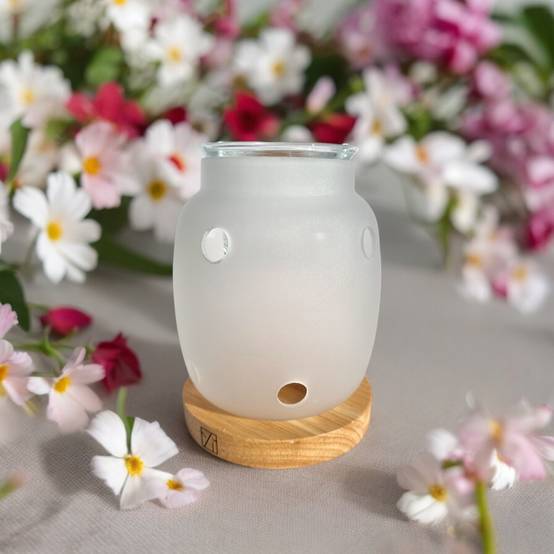 Brûle Parfum Siete - Brûleur Cire Parfumée – Diffuseur Parfum d'Ambiance – Bougeoir en Verre et Bois - Haut: 11.5 cm - Zen'Arôme - Image 1