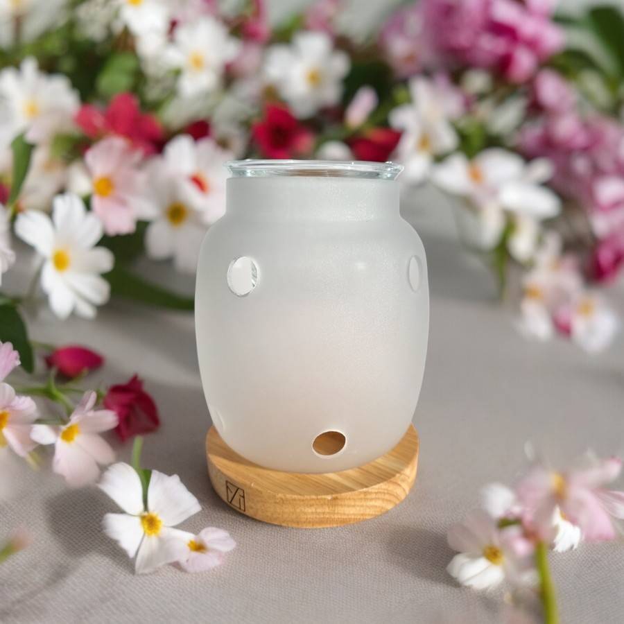 Brûle Parfum Siete - Brûleur Cire Parfumée – Diffuseur Parfum d'Ambiance – Bougeoir en Verre et Bois - Haut: 11.5 cm - Zen'Arôme - Image 1