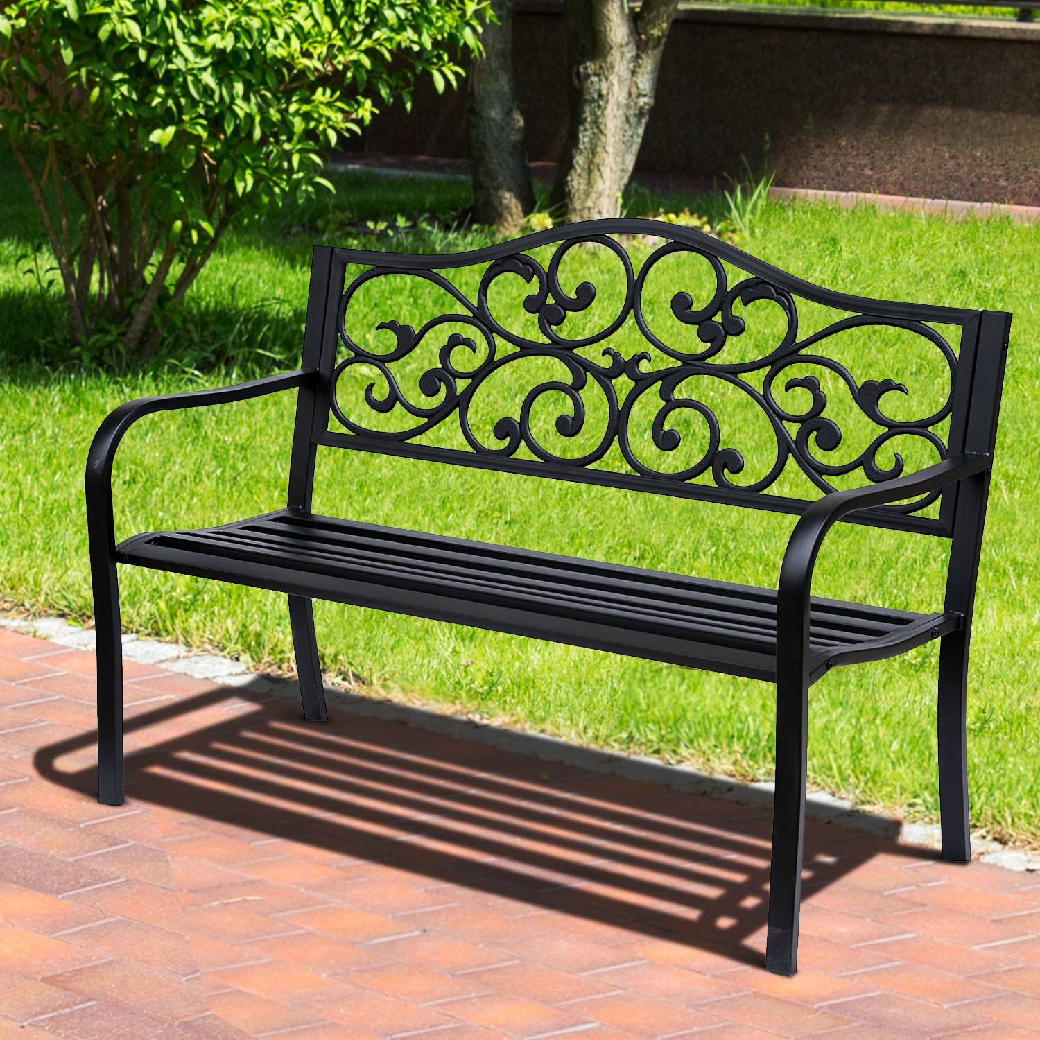 Outsunny - Banc 3 places de jardin terrasse style cosy chic 127L x 60l x 89H cm métal époxy anticorrosion noir - Outsunny - Imagen 2