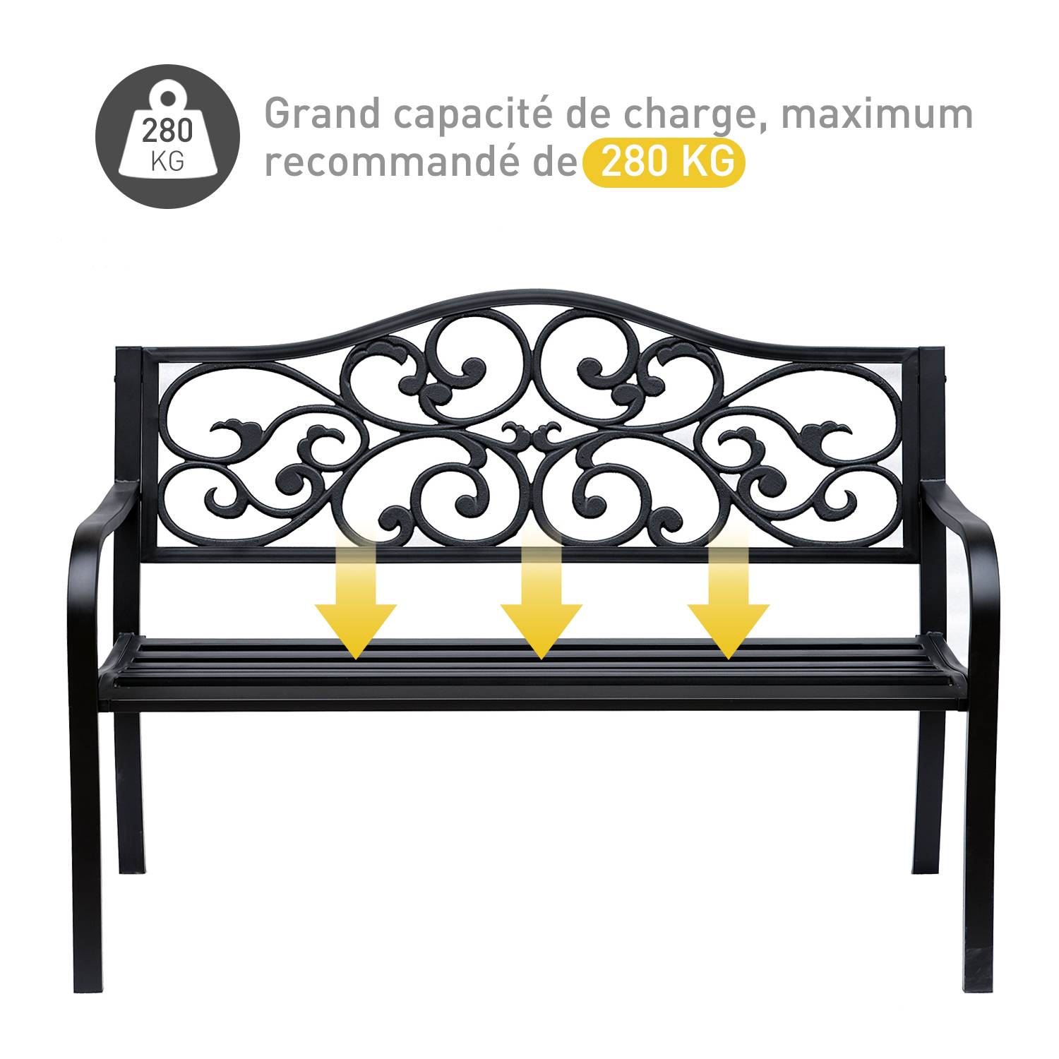 Outsunny - Banc 3 places de jardin terrasse style cosy chic 127L x 60l x 89H cm métal époxy anticorrosion noir - Outsunny - Imagen 4