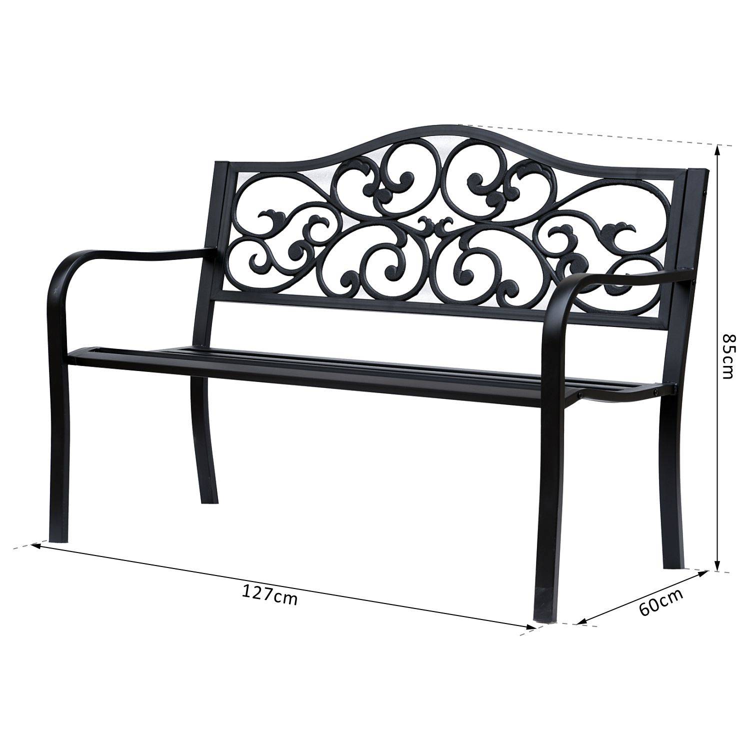 Outsunny - Banc 3 places de jardin terrasse style cosy chic 127L x 60l x 89H cm métal époxy anticorrosion noir - Outsunny - Imagen 3